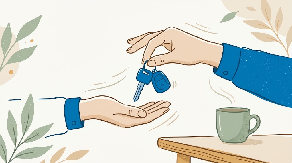 車のキーを手渡して契約が成立している温かみのあるイラスト