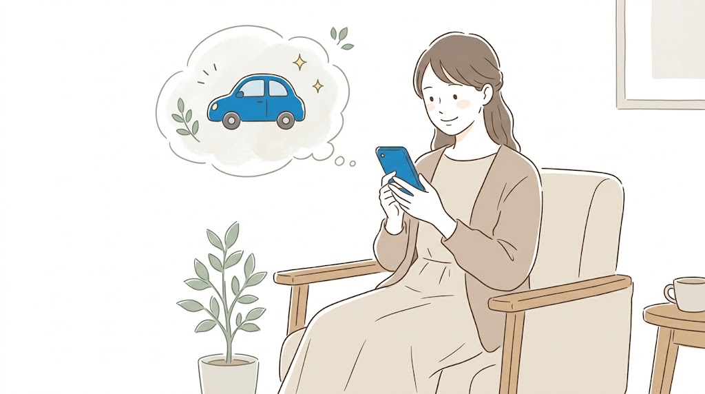 スマホで熱心に車探しをするママのイラスト