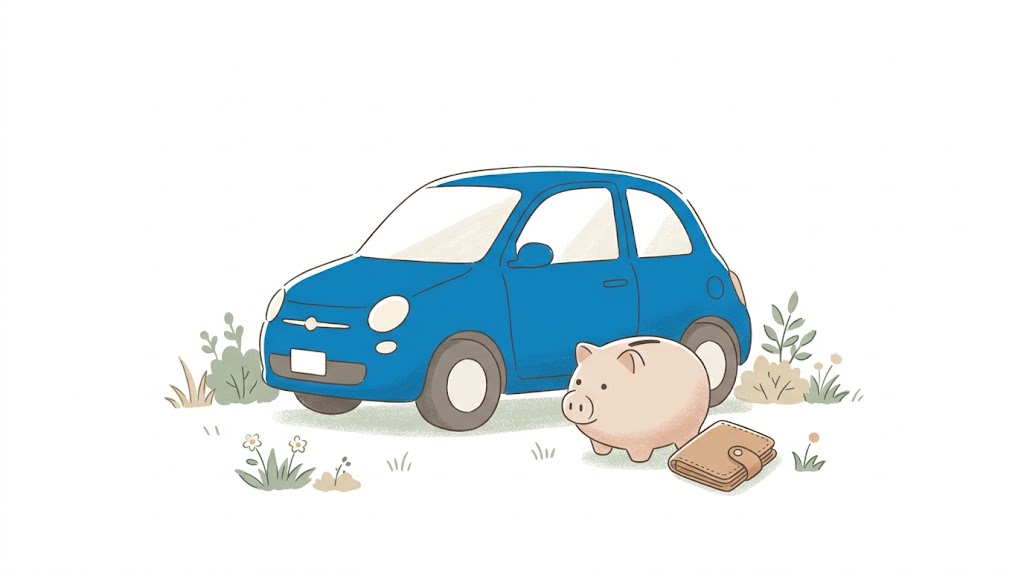 青い軽自動車とお財布をイメージした温かみのある手描きイラスト