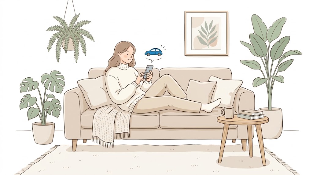 スマホで理想のカーリースを探す人物のイラスト