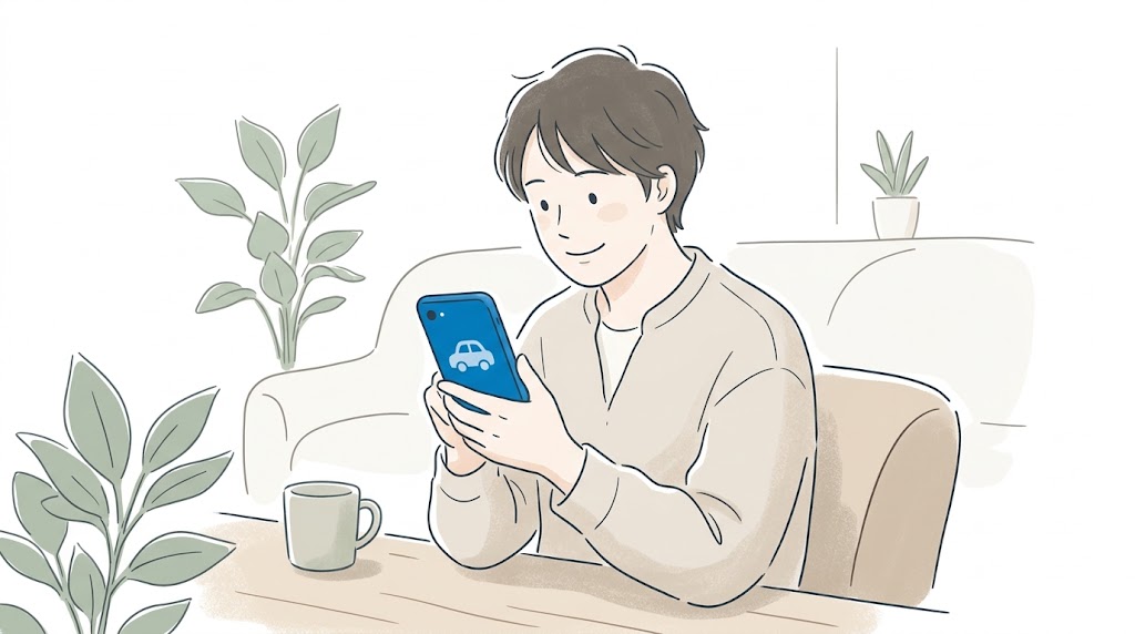 安堵する表情でスマートフォンと車のアイコンを見る人物