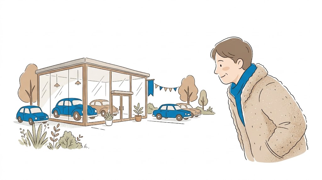 車を見つめる安心感のある人物と店舗のイラスト