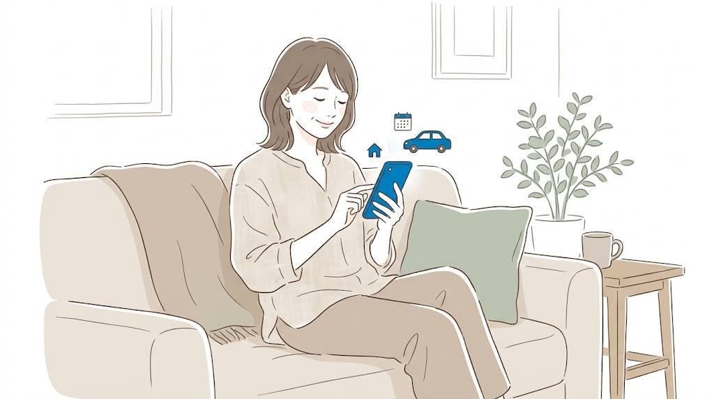 家でくつろぎながらスマホでオンラインサービスを利用するママのイラスト