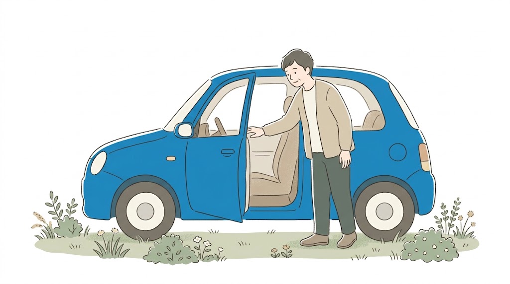 車の内外装をチェックする人のシンプルで温かみのあるイラスト