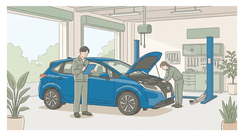 購入前の中古車の状態や整備状況を点検・確認している様子