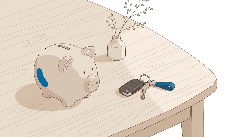 貯金箱と車のキーをイメージした資金準備のイラスト