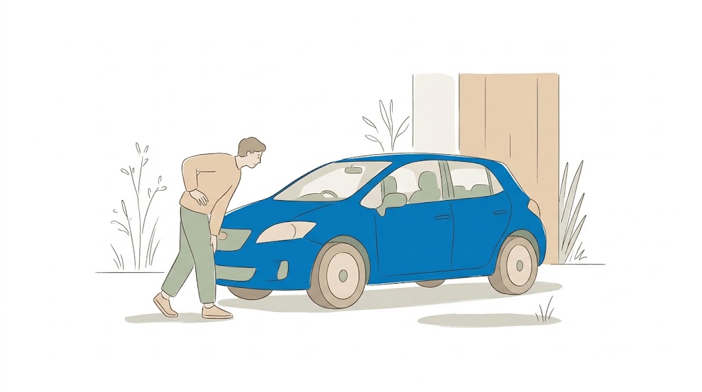 中古車の状態や保証内容を慎重にチェックするイメージイラスト