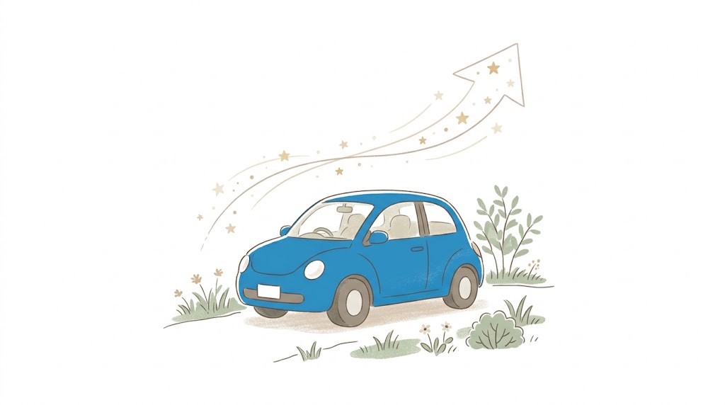 車の価値やリセールバリューを表現する上向き矢印と軽自動車のイラスト