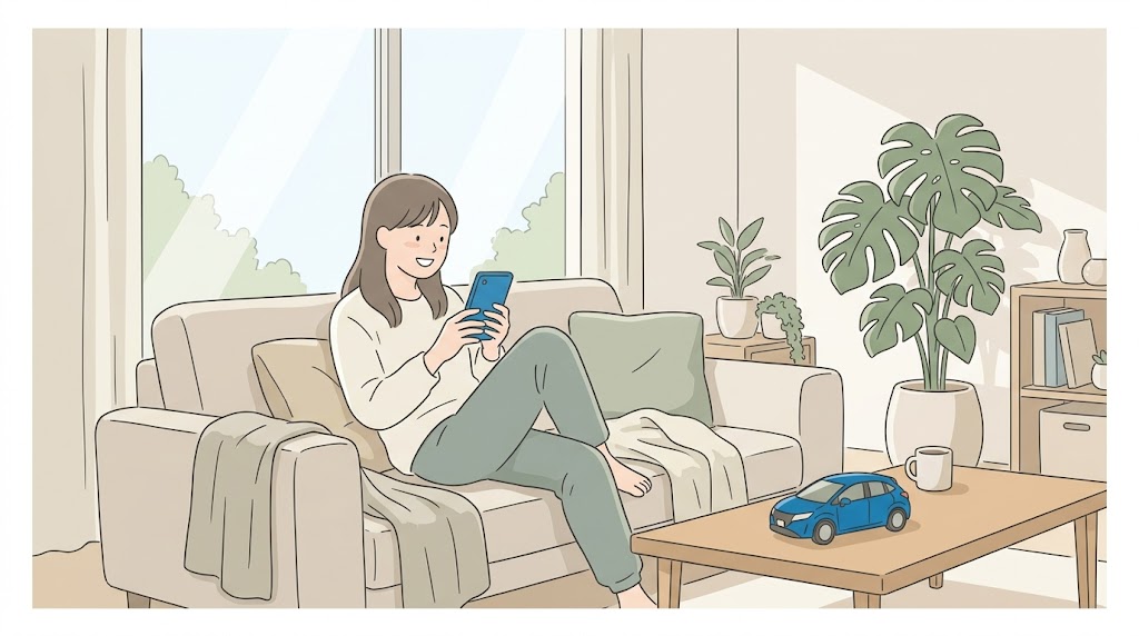 自宅でスマホを使って手軽に車のオンライン申込みをする様子