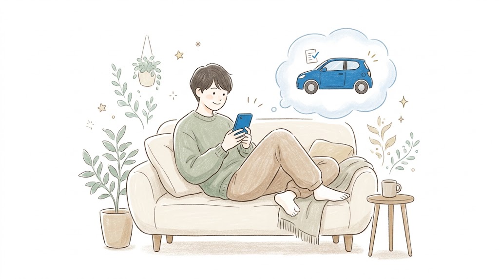 スマホを使って自宅で簡単にカーリースの申し込みをする若者のイメージ