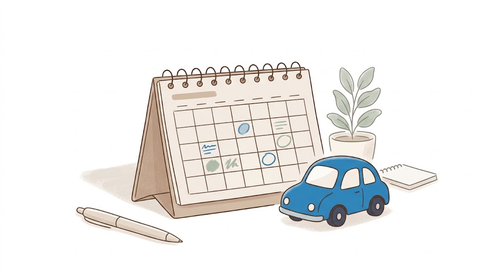 カレンダーと車で返済計画や維持費をイメージしたイラスト