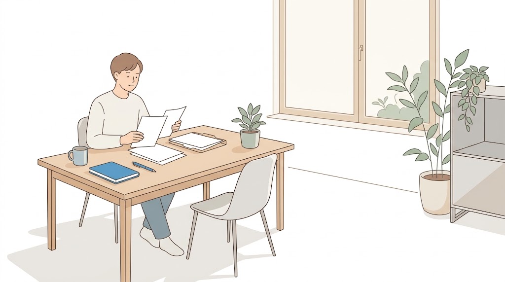 机に向かって書類や信用情報を整理するイメージイラスト