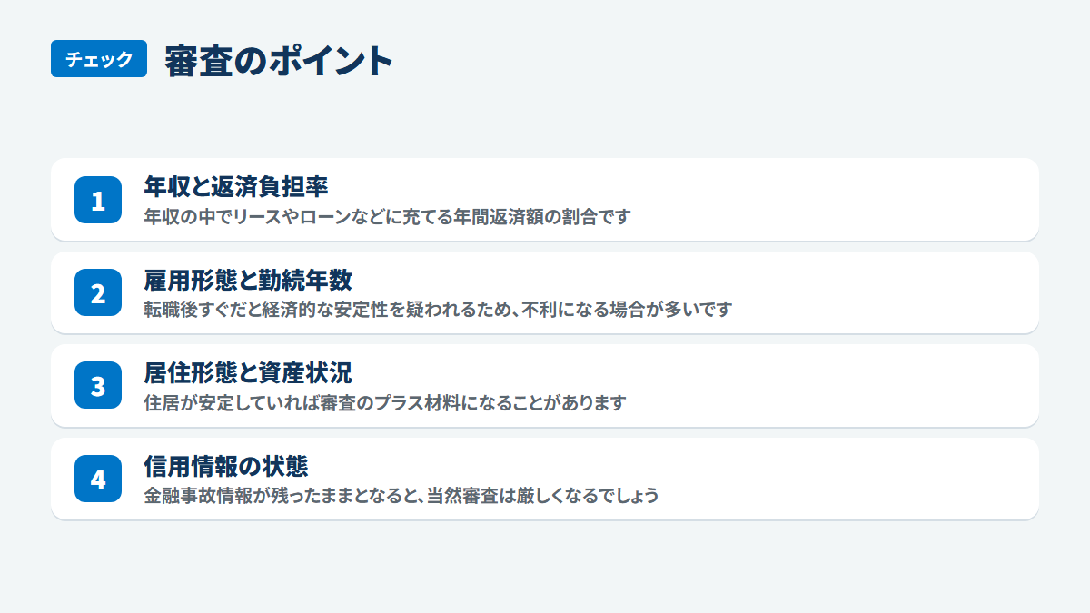 審査のポイント:年収と返済負担率、年収の中でリースやローンなどに充てる年間返済額の割合です、雇用形態と勤続年数、転職後すぐだと経済的な安定性を疑われるため、不利になる場合が多いです、居住形態と資産状況、住居が安定していれば審査のプラス材料になることがあります、信用情報の状態、金融事故情報が残ったままとなると、当然審査は厳しくなるでしょう