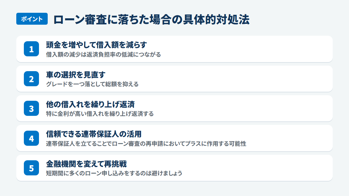 ローン審査に落ちた場合の具体的対処法:頭金を増やして借入額を減らす、借入額の減少は返済負担率の低減につながる、車の選択を見直す、グレードを一つ落として総額を抑える、他の借入れを繰り上げ返済、特に金利が高い借入れを繰り上げ返済する、信頼できる連帯保証人の活用、連帯保証人を立てることでローン審査の再申請においてプラスに作用する可能性、金融機関を変えて再挑戦、短期間に多くのローン申し込みをするのは避けましょう
