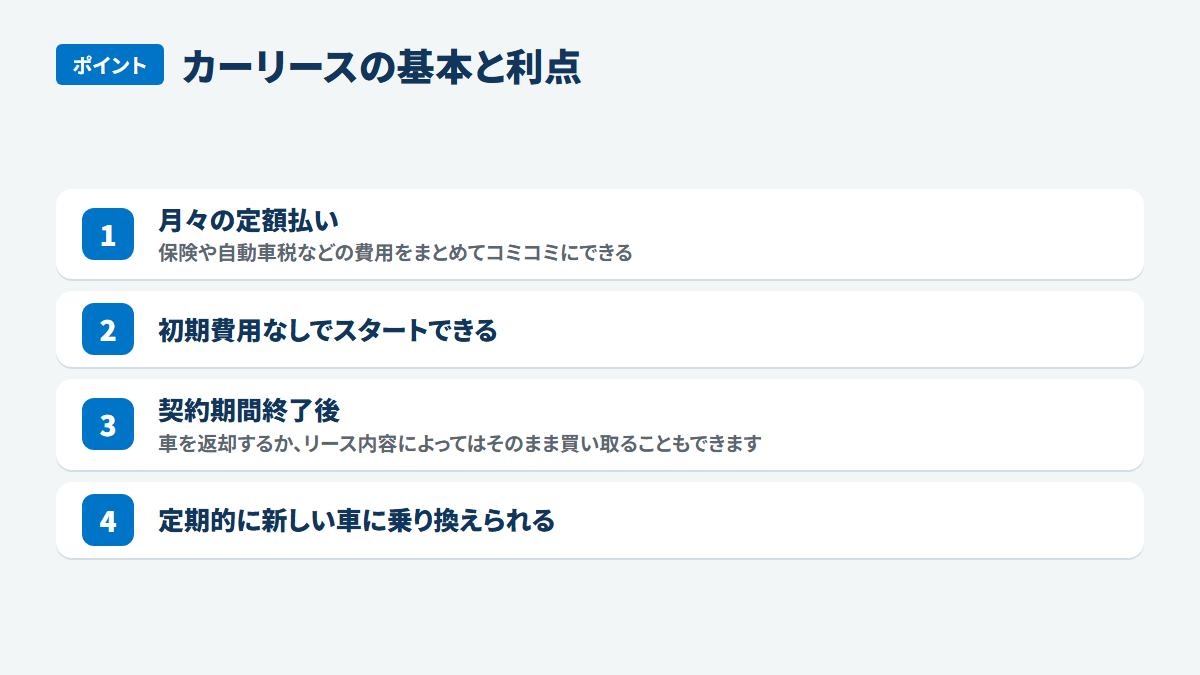 カーリースの基本と利点：月々の定額払い、保険や自動車税などの費用をまとめてコミコミにできる、初期費用なしでスタートできる、契約期間終了後、車を返却するか、リース内容によってはそのまま買い取ることもできます、定期的に新しい車に乗り換えられる